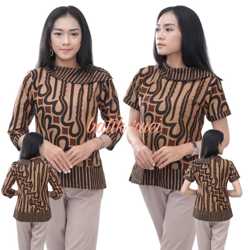 Blouse Atasan Batik Wanita Modern  Model Lengan Pendek Dan 7/8 Kerah PETERPAN by BATIK RUCI/Krah Bes