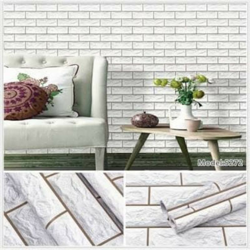 Wallpaper Dinding Batu Sticker Dinding Batu-bata Putih 3D List Coklat