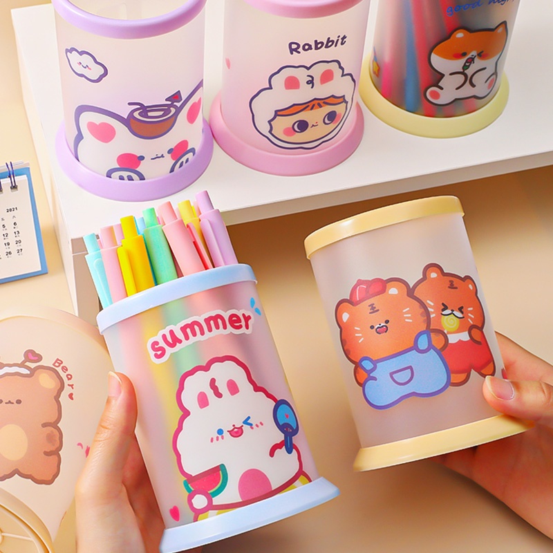 Creative Frosted Transparent Cartoon Pen Holder Student DIY Waterproof Round Pen Box