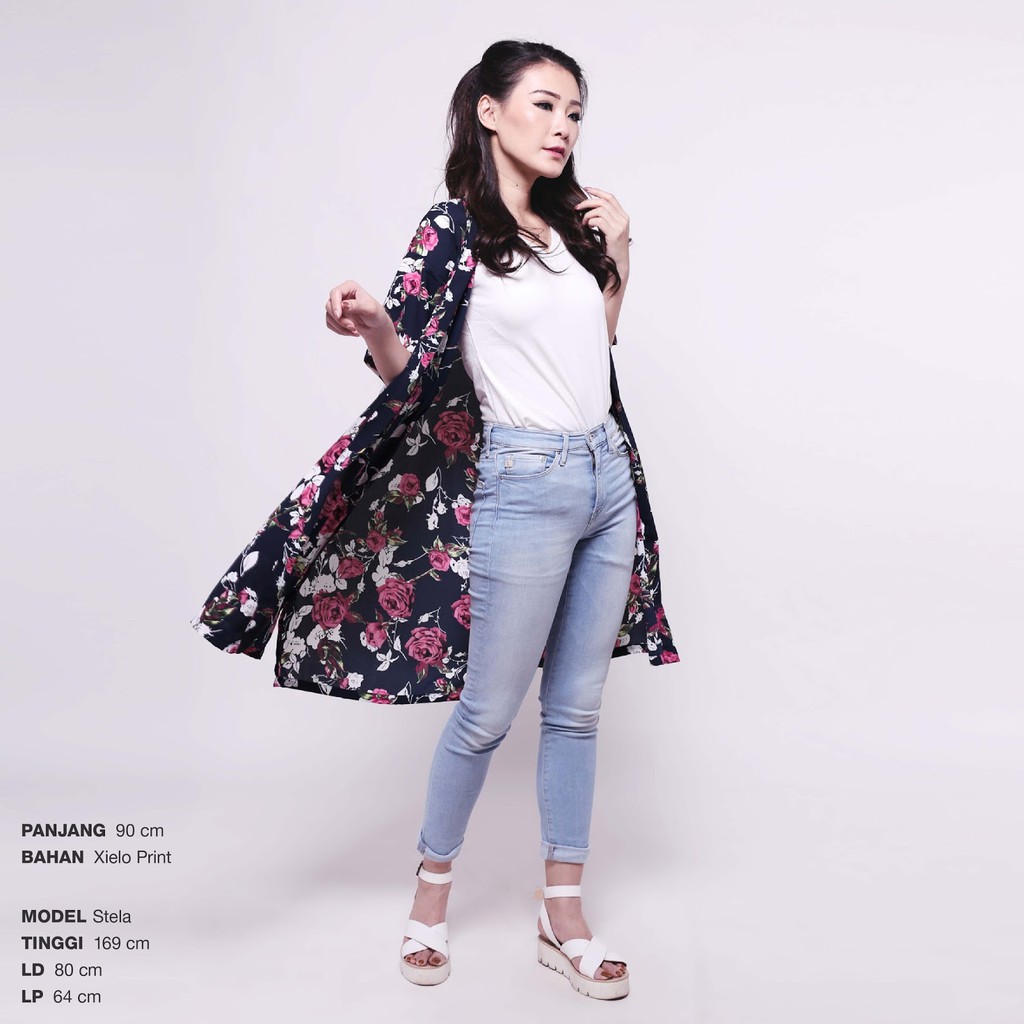 Hanabi Outer Baju Luaran Cardigan Wanita Panjang Motif Bunga Mawar  COT108