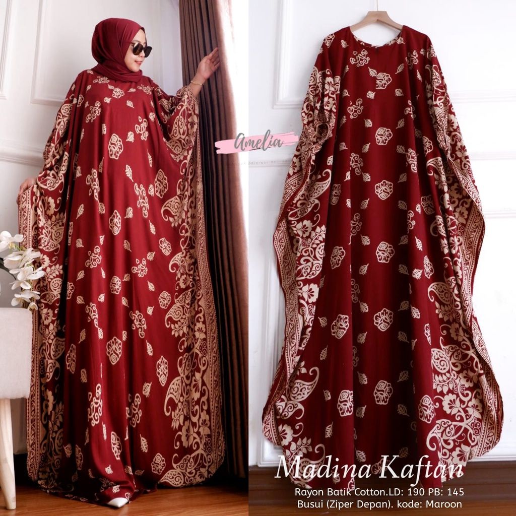 Gamis Rayon Jumbo Madina Kaftan Terlaris Motif Bunga Size Jumbo Busui Resleting / Kaftan Wanita / Gamis Arabian