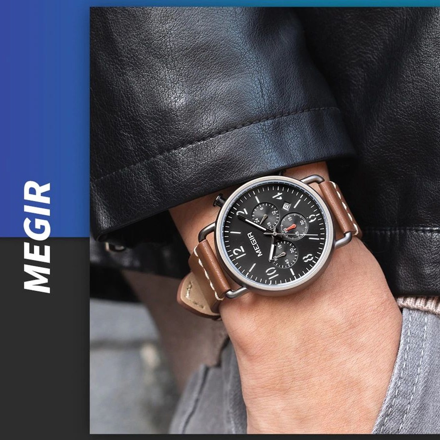 MEGIR 2158 Jam Tangan Pria Analog Chronograph Tali Kulit Luminous WATCHKITE WKOS