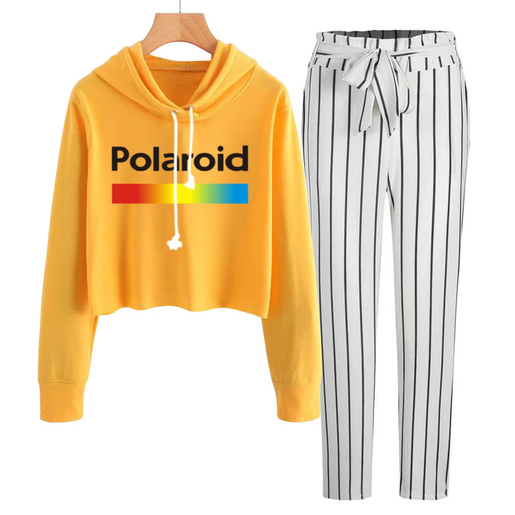 BESS - Baju Setelan Wanita Murah / Setelan Hoodie Crop + Celana Salur Putih - POLAROID