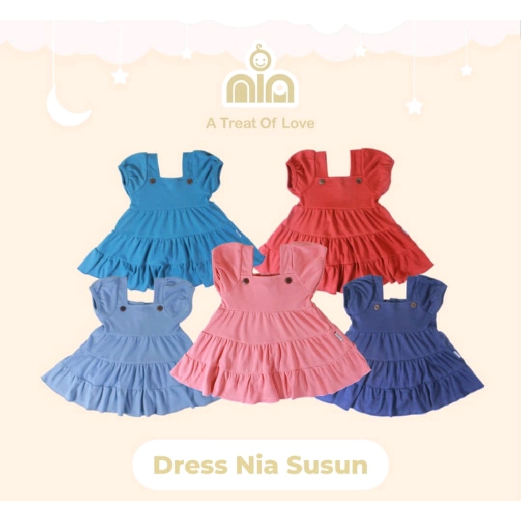 NIA Dress Bayi Perempuan Dress Bayi Nia Susun Polos Warna Premium 3-6 Bulan