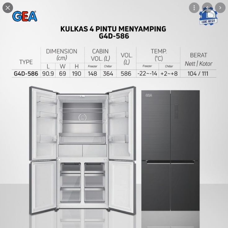 KULKAS GEA G4D 586 LEMARI ES 4 PINTU SIDE BY SIDE BLACK GLASS