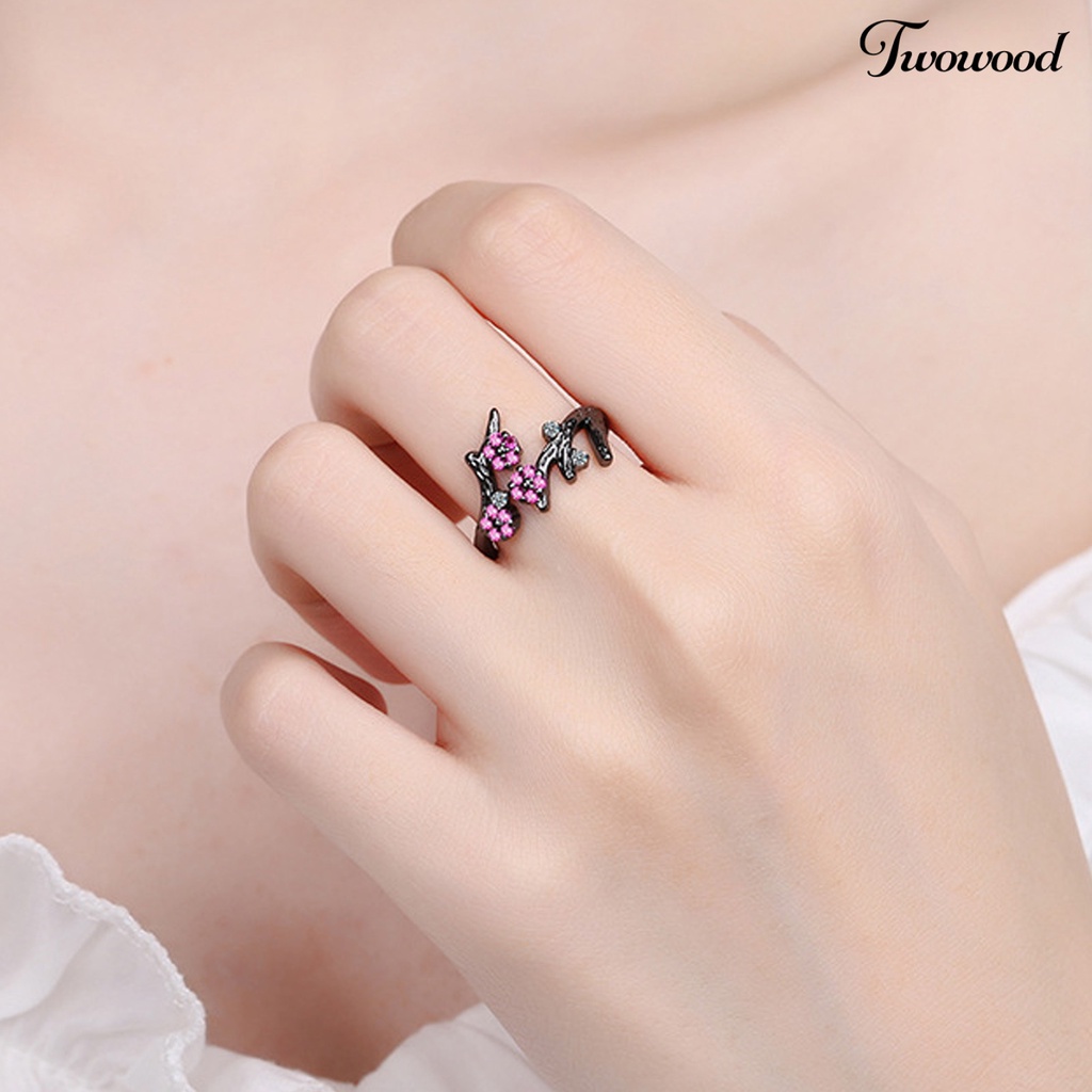 Twowood Adjustable Ring Open End Copper Blooming Plum Flower Rhinestone Ring for Daily Wear