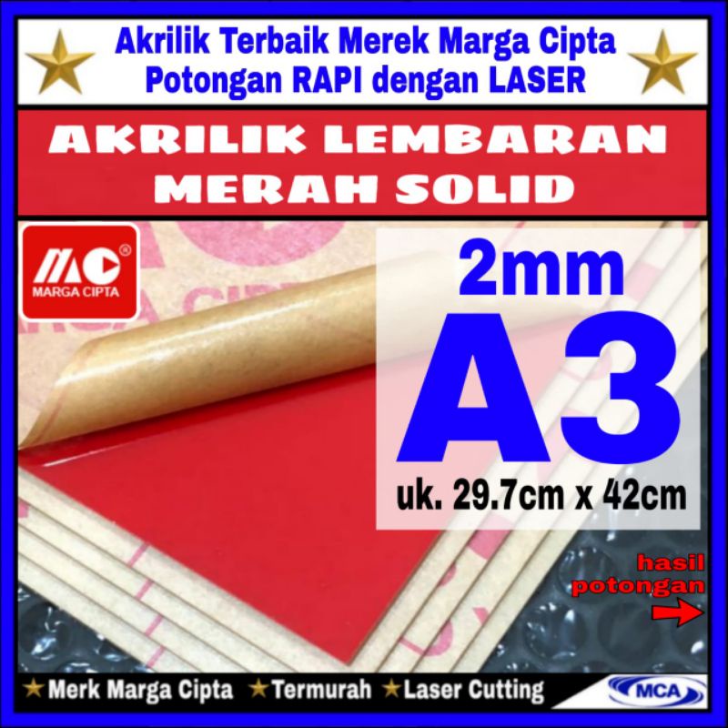 AKRILIK lembaran MERAH SOLID 2mm A3 / Marga cipta / Acrylic