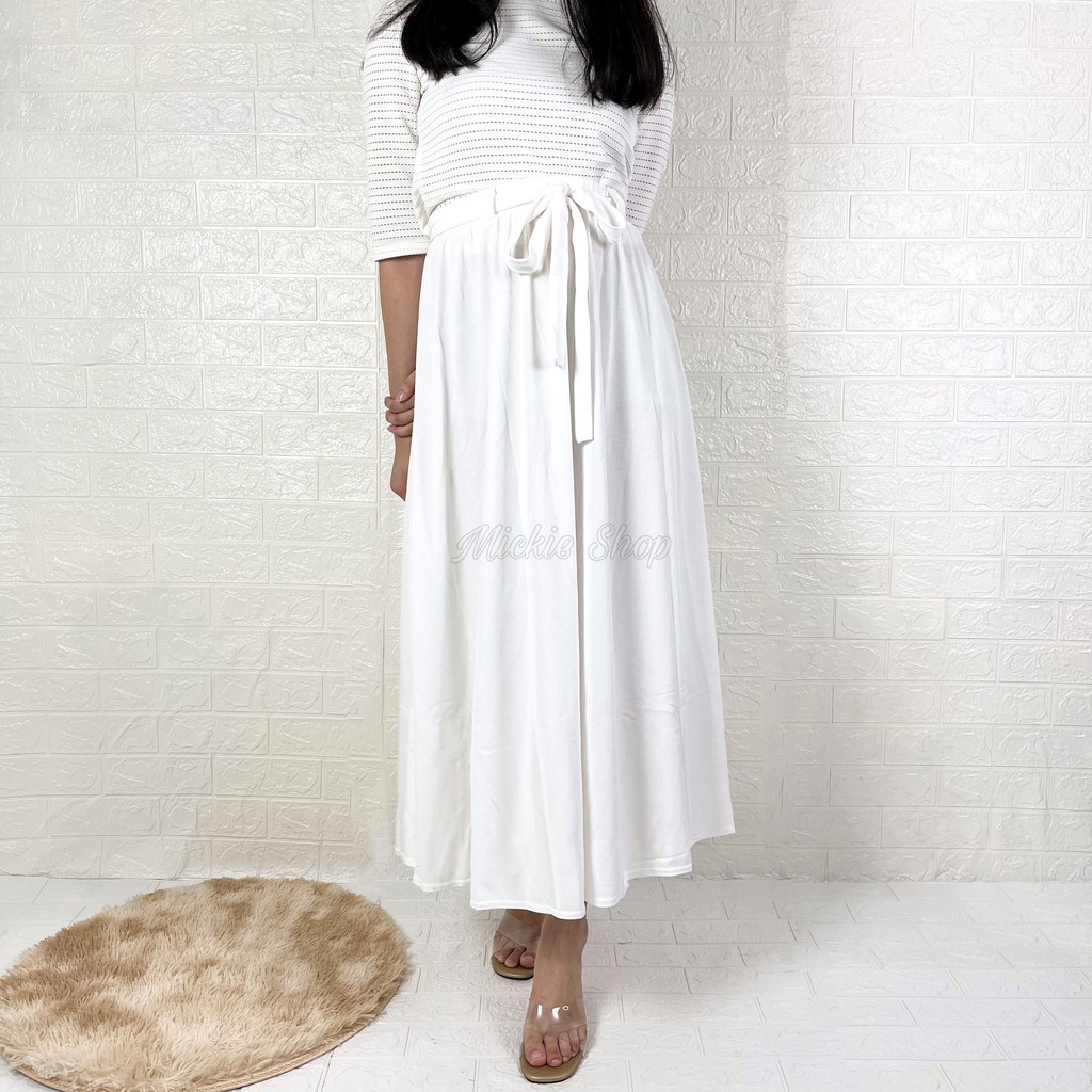 Rok Lebar Polos Payung Premium Import | Maxi Big Size | Flare Skirt Panjang |Mayung Basic Tali Jumbo-White Rok Tali