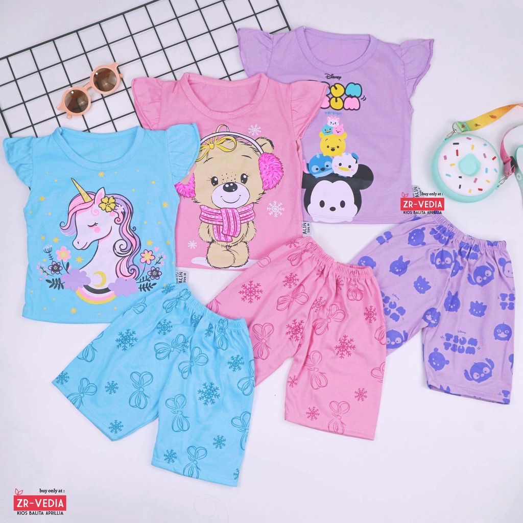 RUFFLE TEE Set Poo uk 0-7 Tahun / Setelan Karakter Import Bayi Anak Perempuan Baju Tidur Balita Baby