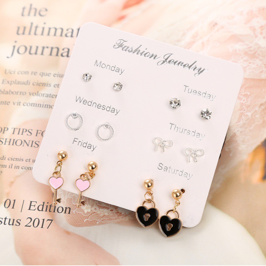 6 Pasang Anting Set #16 GEMBOK Tindik Tusuk untuk 1 Minggu Korea Fashion Earrings Pria Wanita Stud