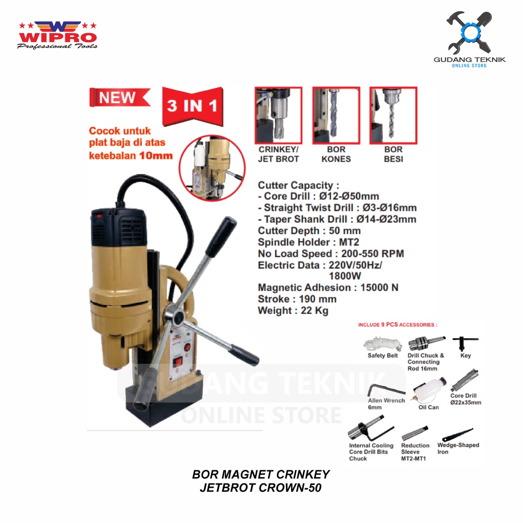 Mesin Bor Magnet Duduk CROWN-50 WIPRO / Magnetic Crinkey Jet Broach 50mm WIPRO - WIPRO JET BROACH MAGNETIC DRILL 3 IN 1