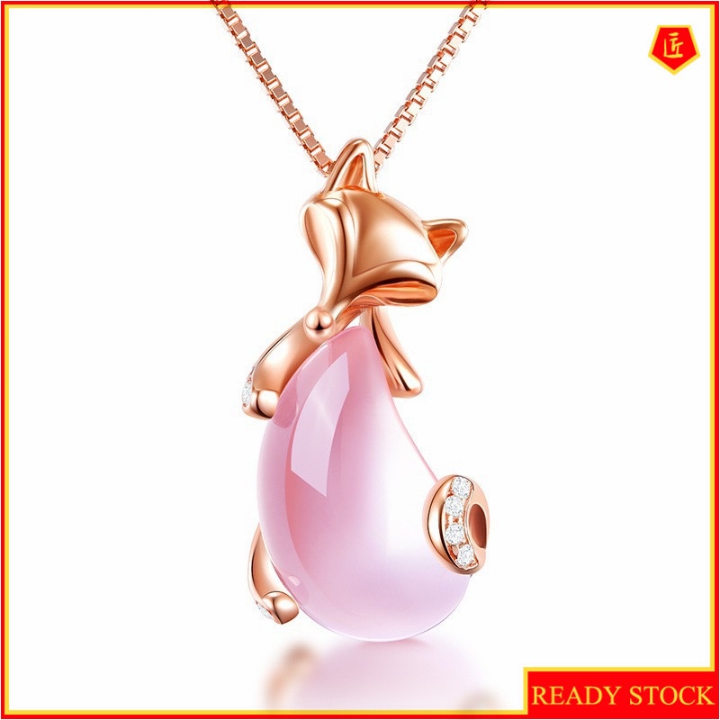 [Ready Stock]Fashionable Rose Gold Necklace Inlaid with Pink Crystal Little Fox Pendant