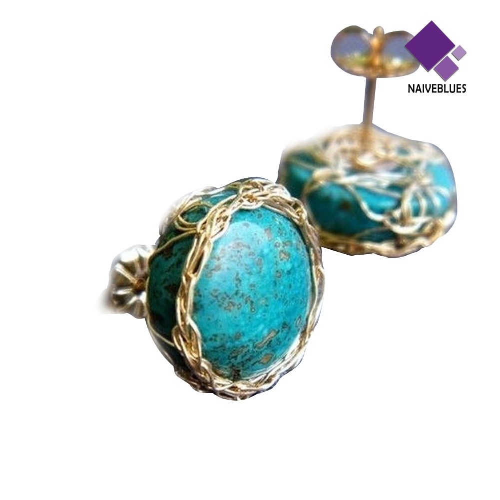 Anting Stud Bentuk Bulat Turquoise Imitasi Gaya Vintage Untuk Wanita