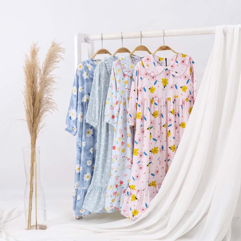 Peachbello  Fashion Baju Busana Outfit Pakaian Dress Gamis Muslim Muslimah Anak Perempuan Cewek Cewe Umur Usia 1 2 3 4 5 6 7 8 Tahun Bahan Katun Rayon Model Remple Motif Bunga Blue Jasmin Alyssum Amarilis Rainbow Love
