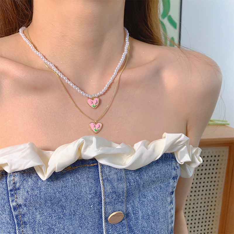 Kalung Rantai Dengan Liontin Bunga Tulip Warna Pink Untuk Wanita