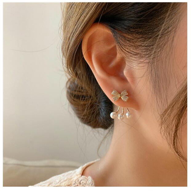 Anting Stud 925 Silver Needle Bentuk Pita Aksen Mutiara Gaya Korea Untuk Wanita