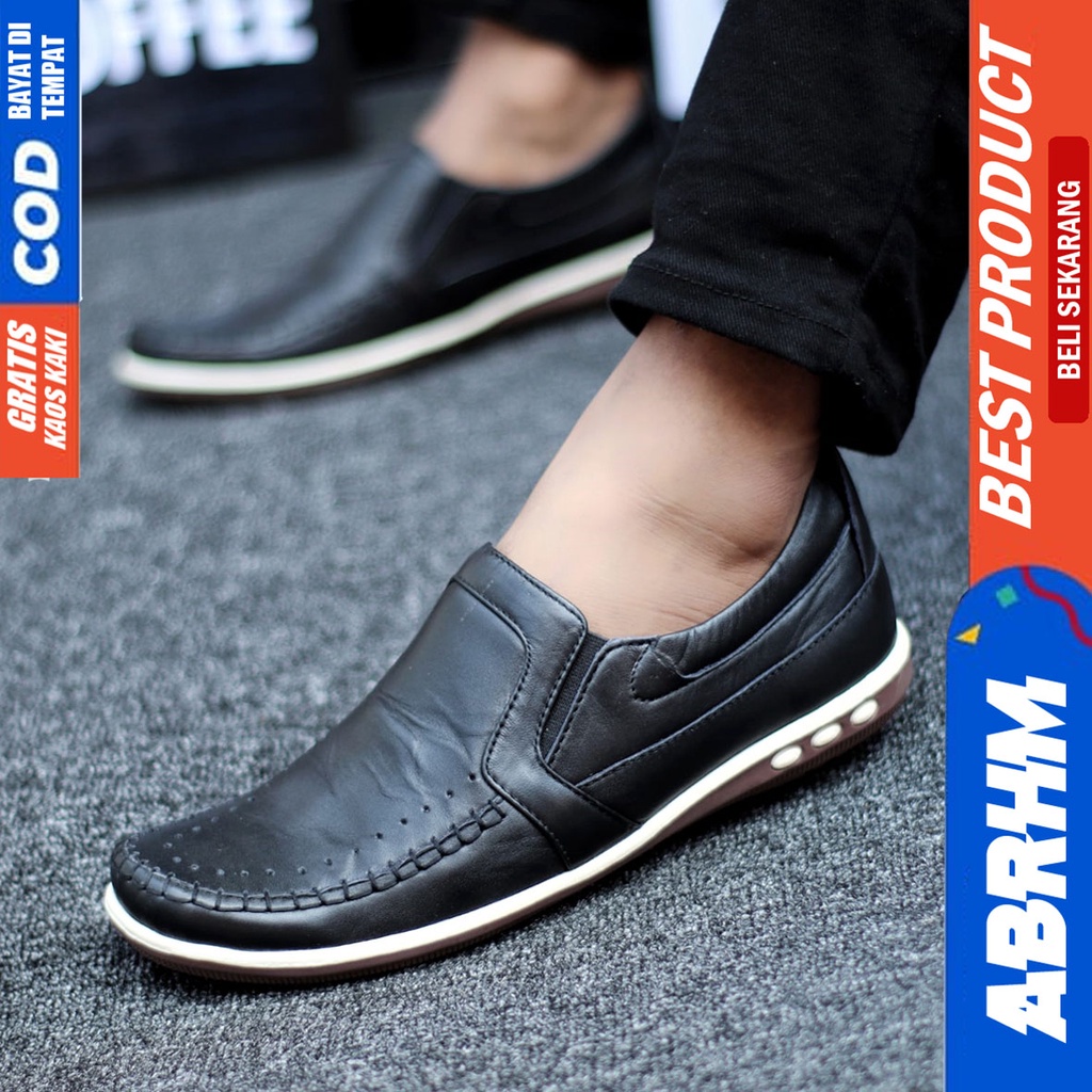 Abrhm Parker - Sepatu Casual Slip On Pria Kulit Asli Kerja Hitam