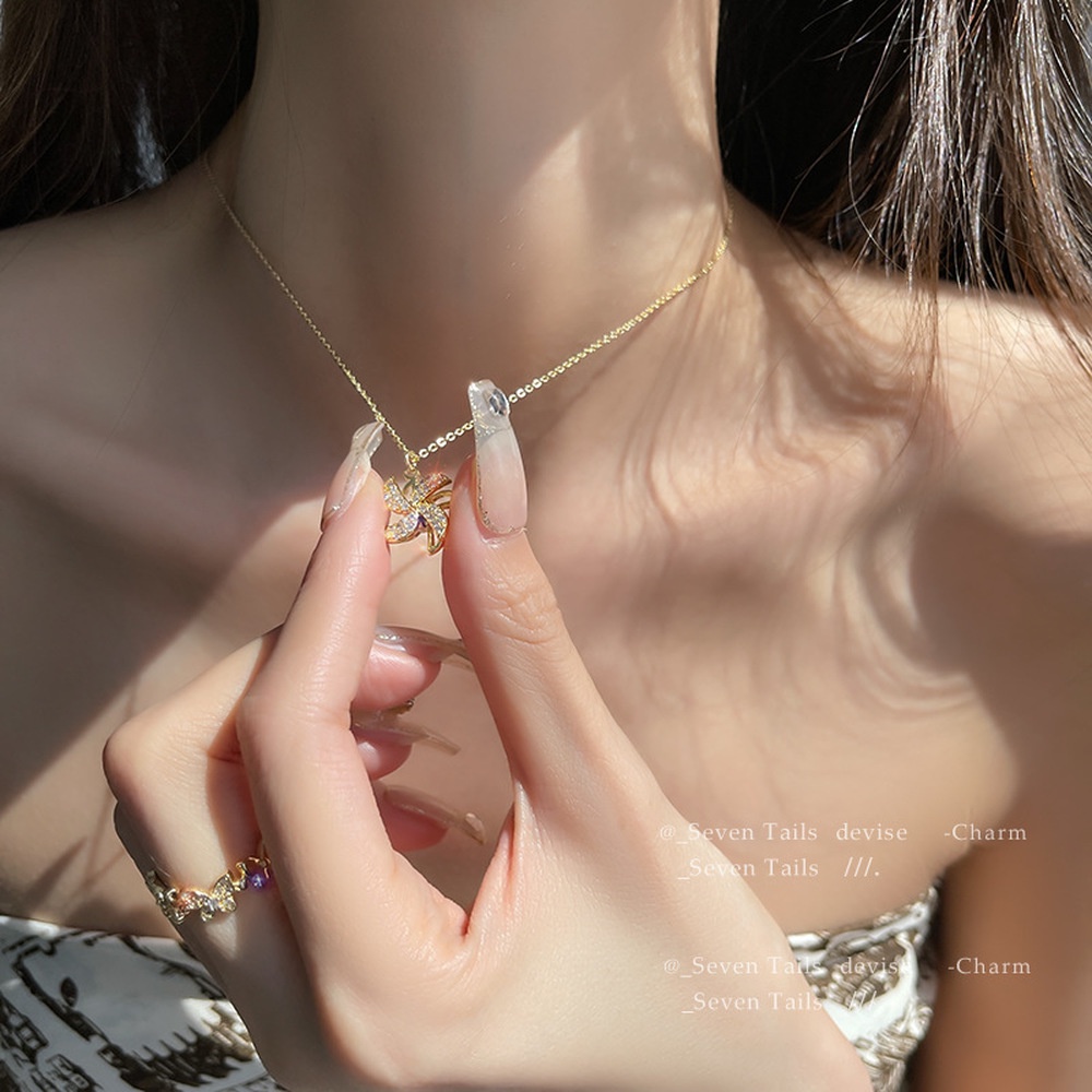 Trendy Rotatable Windmill Necklace Simple Earring Clavicle Chain Pendant Gift Girlfriend 2021 Summer Sweet Heart Jewelry