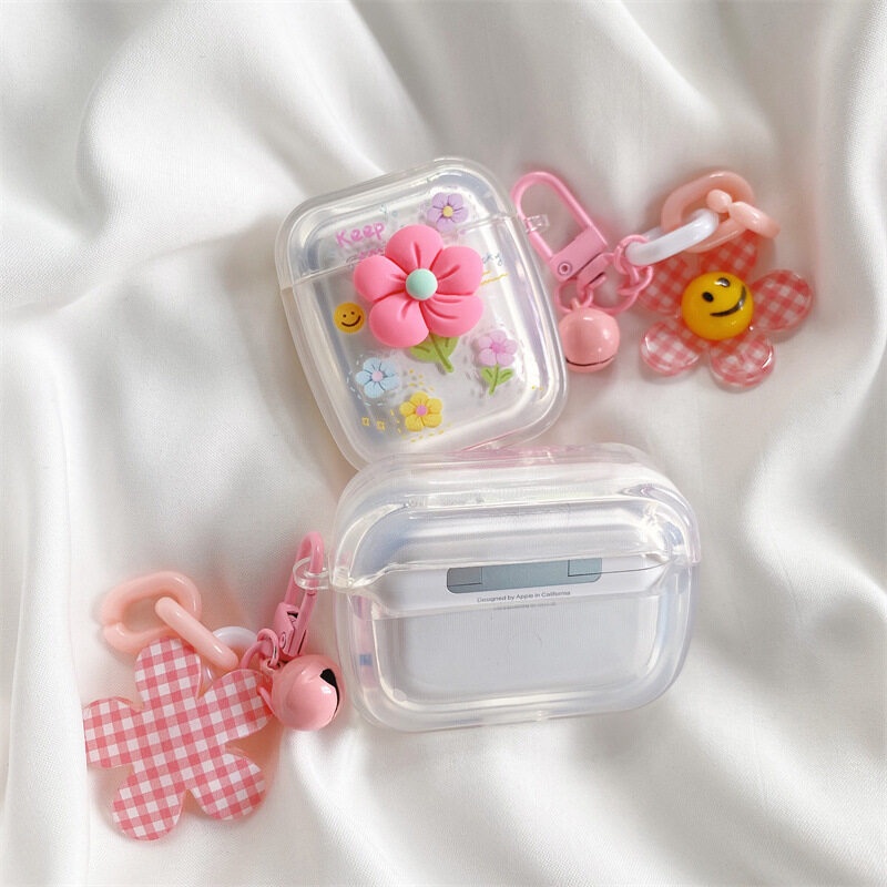 Case airpods pro 12 3 Generation Bahan Silikon Transparan Motif Bunga Pink