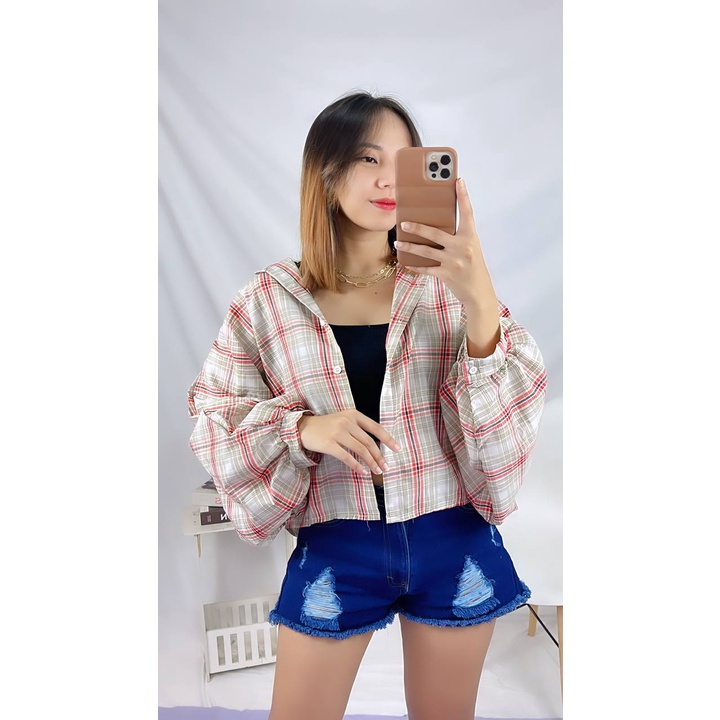 BEFAST - ZSO OOTD Kemeja Crop DIVIAN / JENNIE BATWING TARTAN OVERSIZE / Kemeja Tartan Wanita / Fashion Wanita Ala Korean style / Kemeja Crop Kekinian Wanita / Atasan Lengan Panjang Balon / Kem Motif Kotak-Kotak / Keluaran Terbaru 2022 / Outfit Remaja ABG