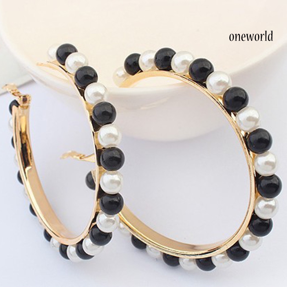 OW@ Fashion Women Faux Pearl Inlaid Large Circle Statement Hoop Earrings Jewelry