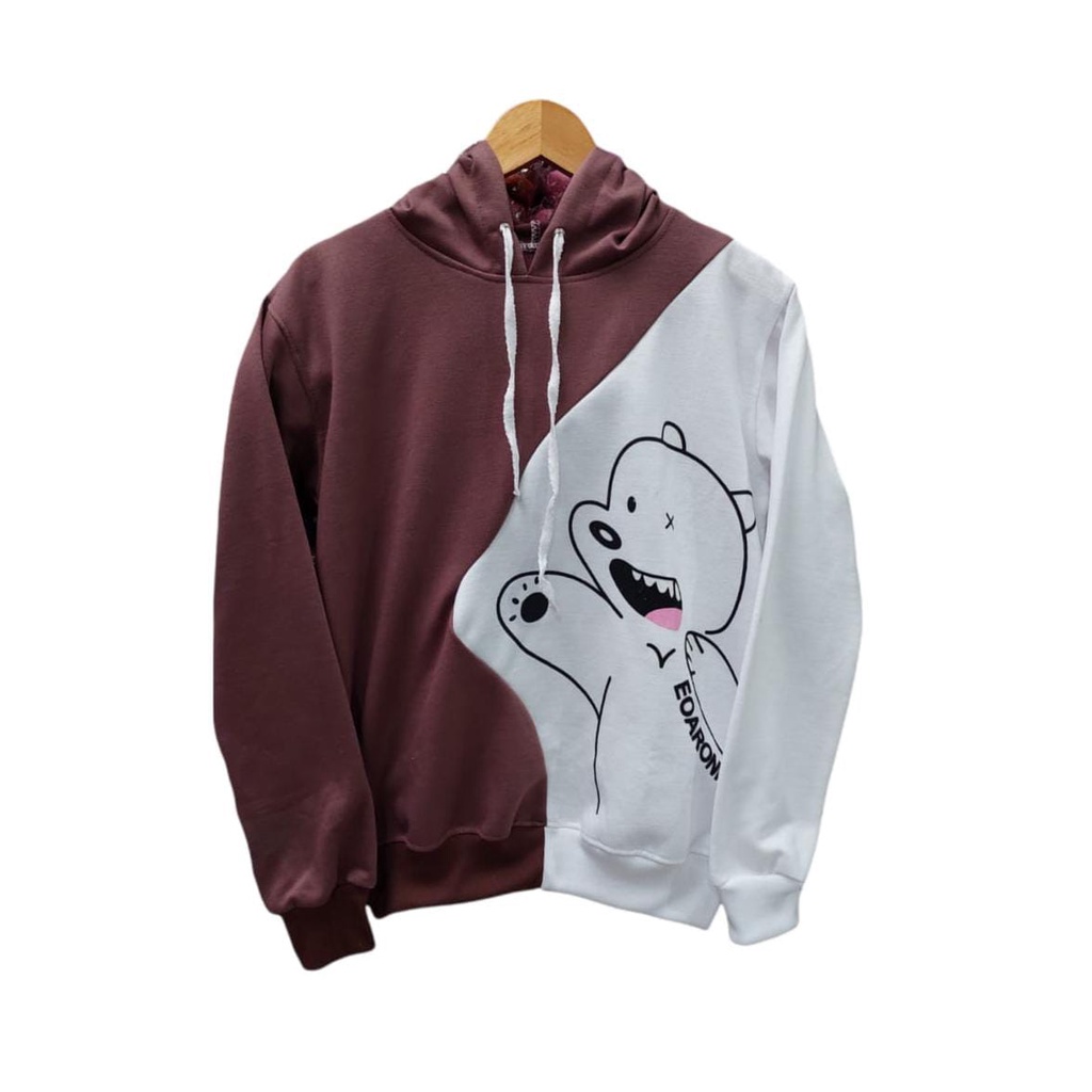 Vallina Outfit - Burgundy Bear Sweater Cartoon Hoodie Premium Wanita Korean Style-Bear Milo Putih