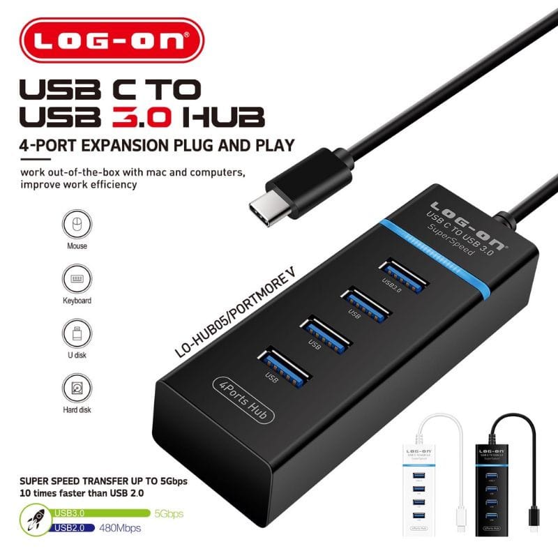 USB HUB LOG-ON LO-HUB05 4 PORT TYPE-C TO USB 3.0 ORIGINAL Sambungan USB HUB LOG ON LO-HUB05 4USB TIPE C TO USB 3.0 ORIGINAL