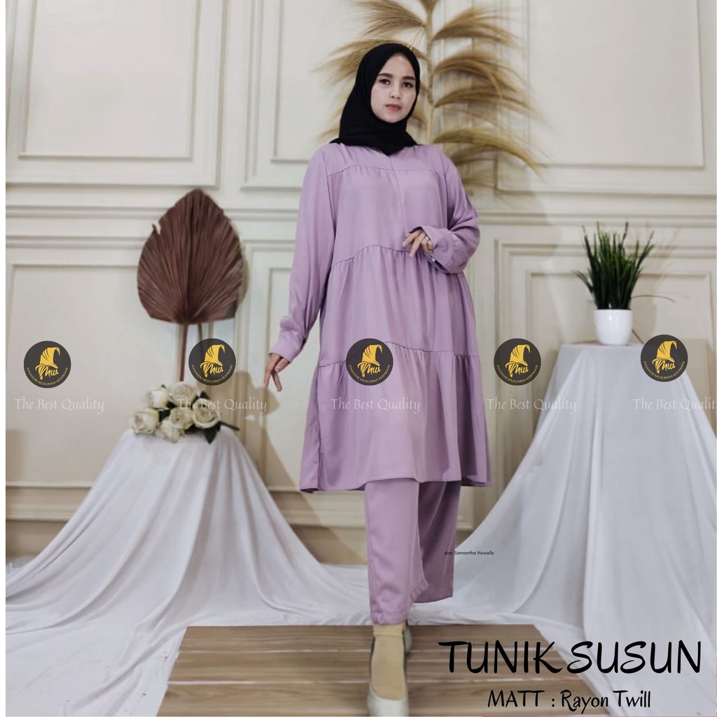 GROSIR HIJABKU setelan tunik dan celana model tunik rempel susun / one set rayon jumbo polos Matt ra