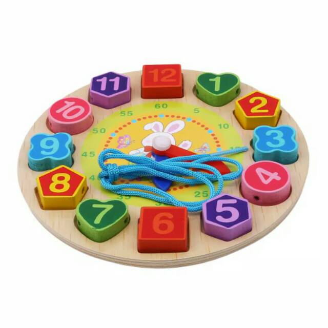 Mainan Jam Kayu Digital Clock Beads Jam Ronce Geometri Wooden Toys Clock Puzzle Mainan Edukasi Anak