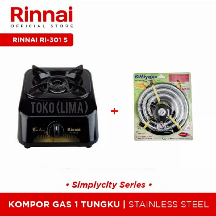 kompor- (paket) kompor gas rinnai 1 tungku dan selang regulator miyako rms 206 -kompor.