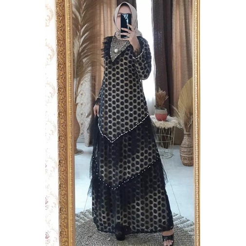 Gamis ozias renda dada V tile polkadot aksen mutiara/Gamis mymyFashion