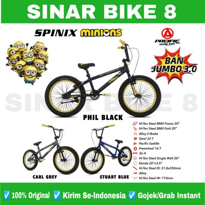 Sepeda Anak Laki BMX Ukuran 20 Inch PACIFIC SPINIX MINIONS Ban Jumbo 3.0 Rotor dan Tanpa Rotor