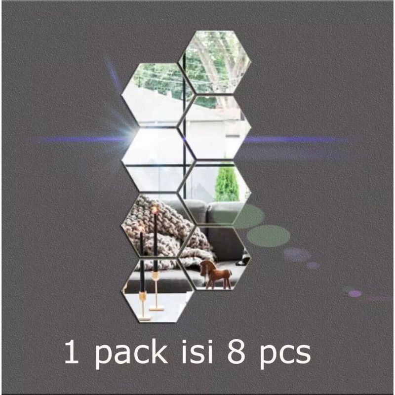 Kaca Dinding Acrylic HEXAGONAL Impor 1 Set Isi 8 Kecil M885