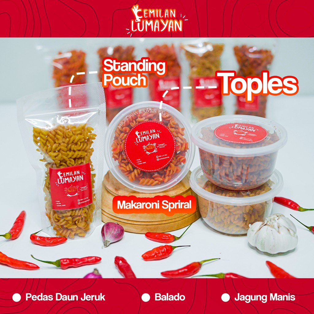 

Makaroni Spiral - Pedas Daun Jeruk, Balado, Jagung Manis