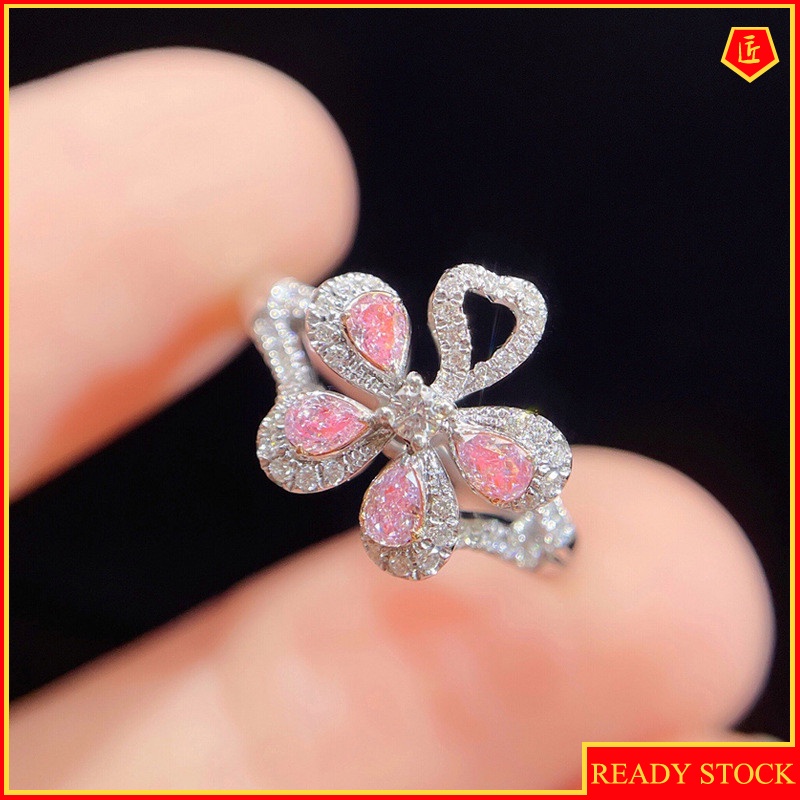 [Ready Stock]Advanced Design Micro-Inlaid Pink Diamond Five Petal Flower Ring