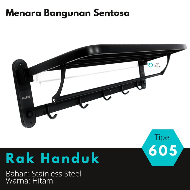 Gantungan Rak Handuk Stainless 605 Hitam Lipat - Rack Hanger Baju Kamar Mandi