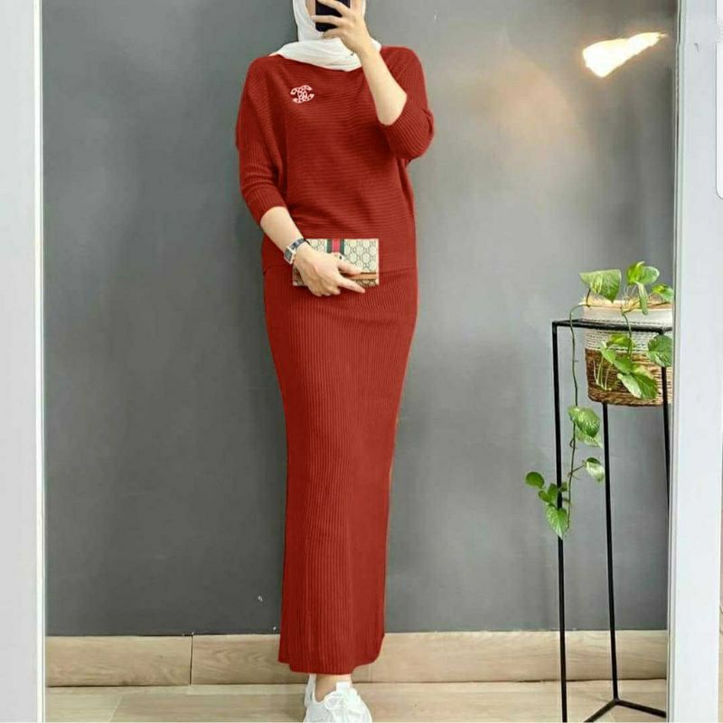 One Set Rok Span Wanita Bahan Mango Knit Setelan Rajut Import Ld 112cm Lp max 108cm pj 68cm Setelan 