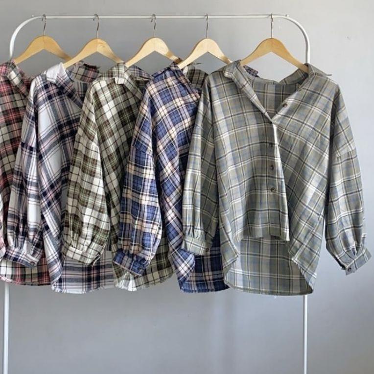 Hemat KEMEJA GUELIN KEMEJA FLANEL FLANELY KOTAK KOTAK LENGAN PANJANG BALON AUTER OVERSIZE BLOUSE PAK