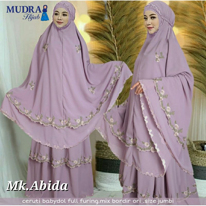 ABIDA MUKENA, CANTIK DAN ANGGUN ORIGINAL MUDRA HIJAB, CERUTY MIX BORDIR BUNGA ASLI, FULL FURING ADEM