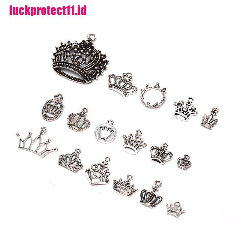 17pcs / Set Liontin Bentuk Mahkota Campuran Warna Silver Bahan Alloy Gaya Vintage Untuk Perhiasan