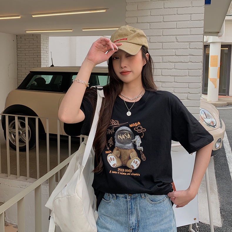 kaos hitam wanita/oversize bear printing t-shirt /korean style baju kaos