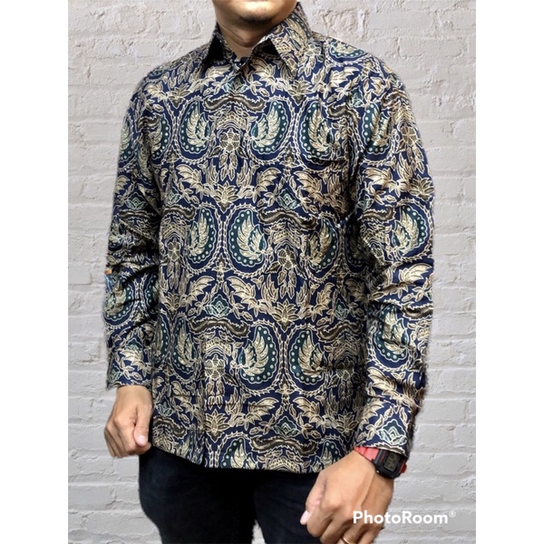 Kemeja Batik  pria lengan panjang lapisan furing,warna hitam dan hijau tosca,barik premium,batik modren,batik kantoran