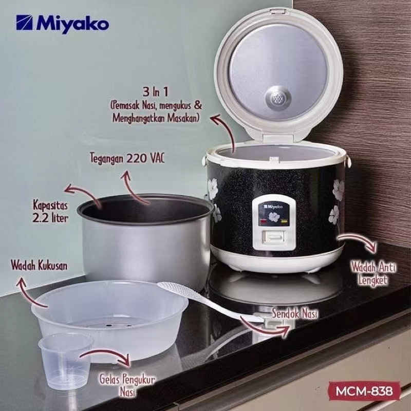 MAGIC COM RICE COOKER MIYAKO 2,2LITER 2,2L 2LITER MCM838 MCM 838 3 IN 1 PANCI JUMBO
