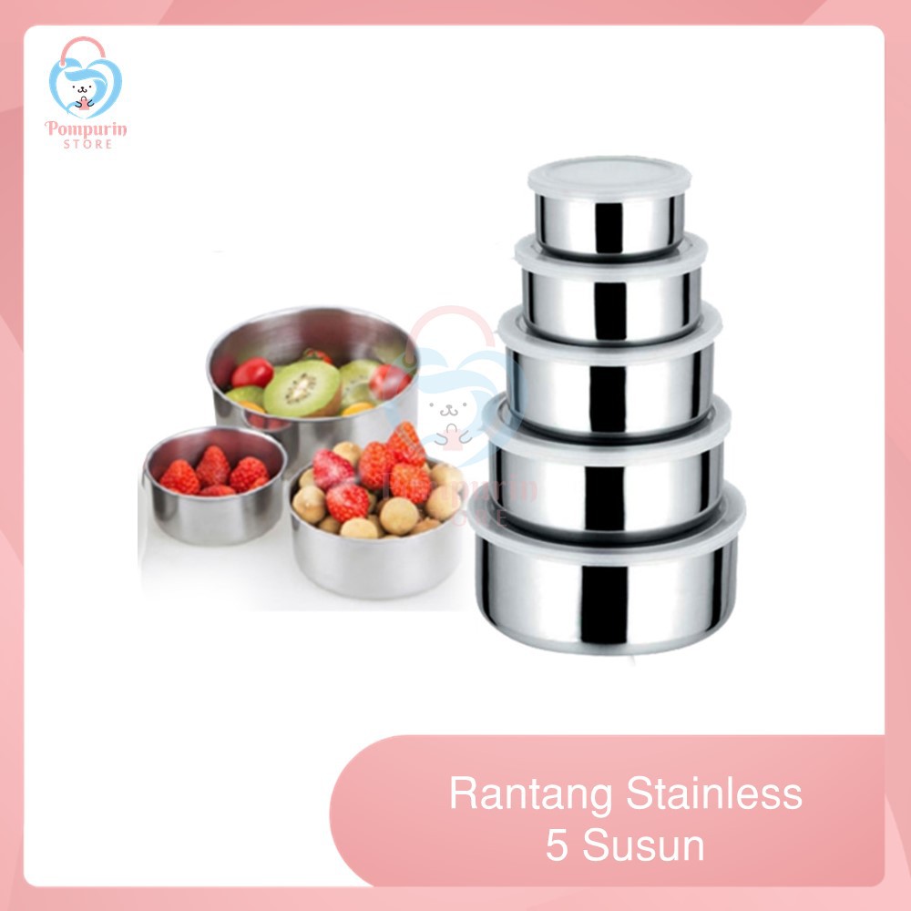 Rantang Stainless 5 Susun + Tutup Plastik - Rantang Beranak - Rantang Tumpuk 5 Set