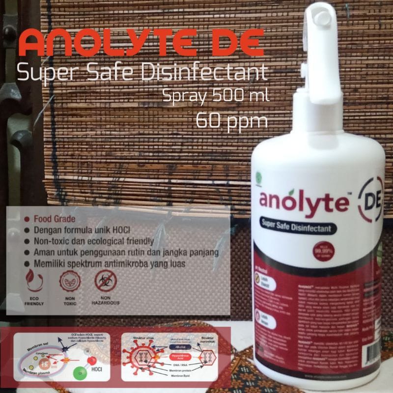 Anolyte DE Jerigen 500 ml DISINFECTANT HUMIDIFIER. Food Grade Non Alkohol Disnfktan HOCI, Halal MUI
