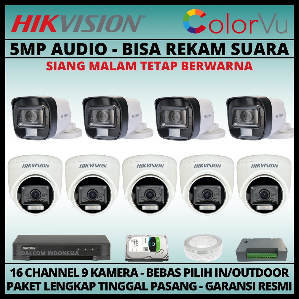 PAKET CCTV HIKVISION COLORVU 5MP 16 CHANNEL 9 KAMERA COLORFUL