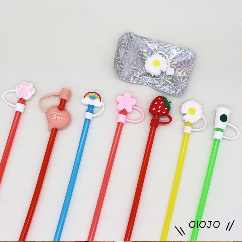 Tutup Sedotan Universal Anti Debu Reusable Bentuk Bunga Daisy/Strawberry/Telapak Hewan Bahan Silikon - ol