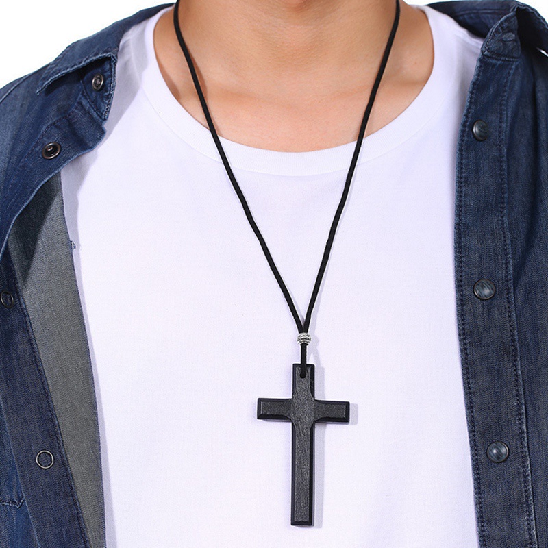 Wooden Cross Necklace On Leather Cord For Men Pendant In Black Brown Tone Jesus Christ Lord Prayer Jewelry