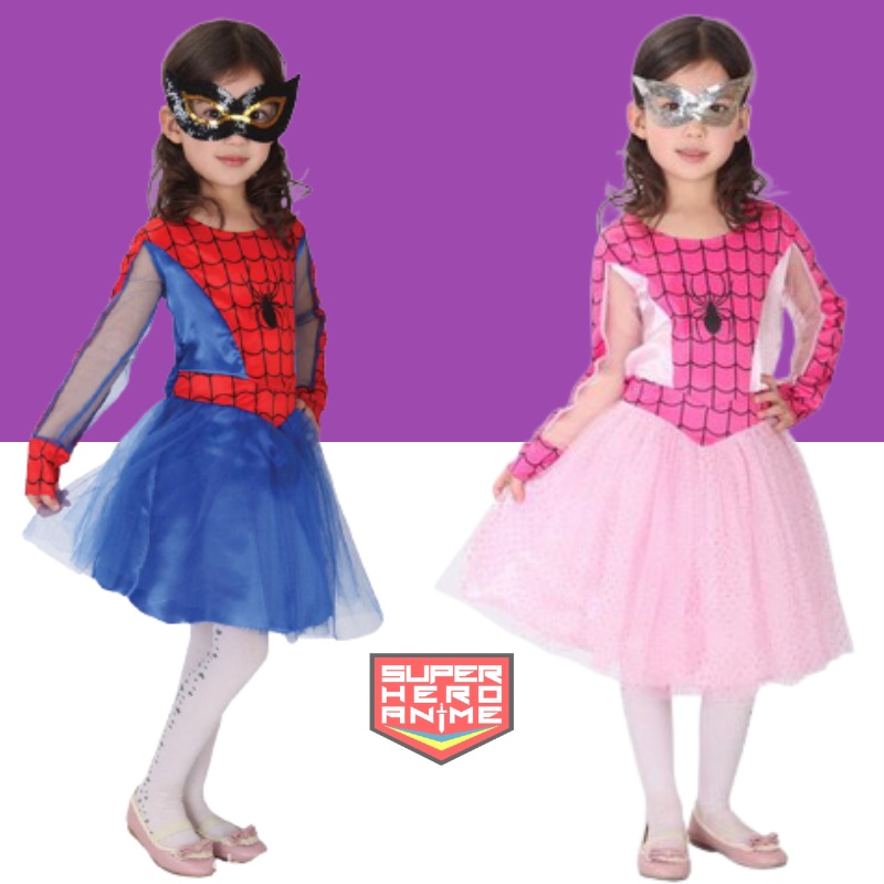 Kostum Superhero Anak Spidergirl Baju Dress Tutu Perempuan Topeng Spider Import