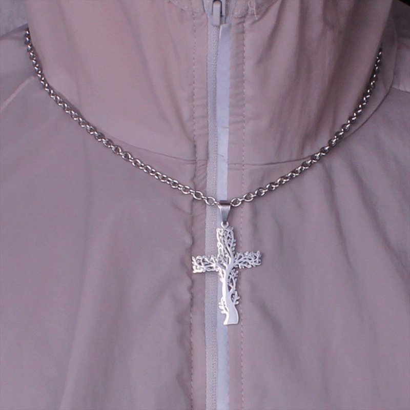 Kalung Desain Pohon Kehidupan Salib Bahan Stainless Steel Warna Silver